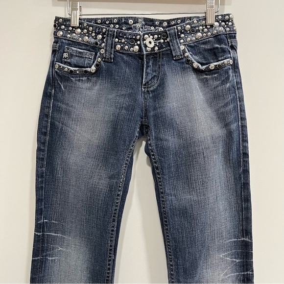 26x30 Miss Me Women's Low Rise Boot Cut Jeans - Dark Blue with Silver Accents - Picture 7 of 13